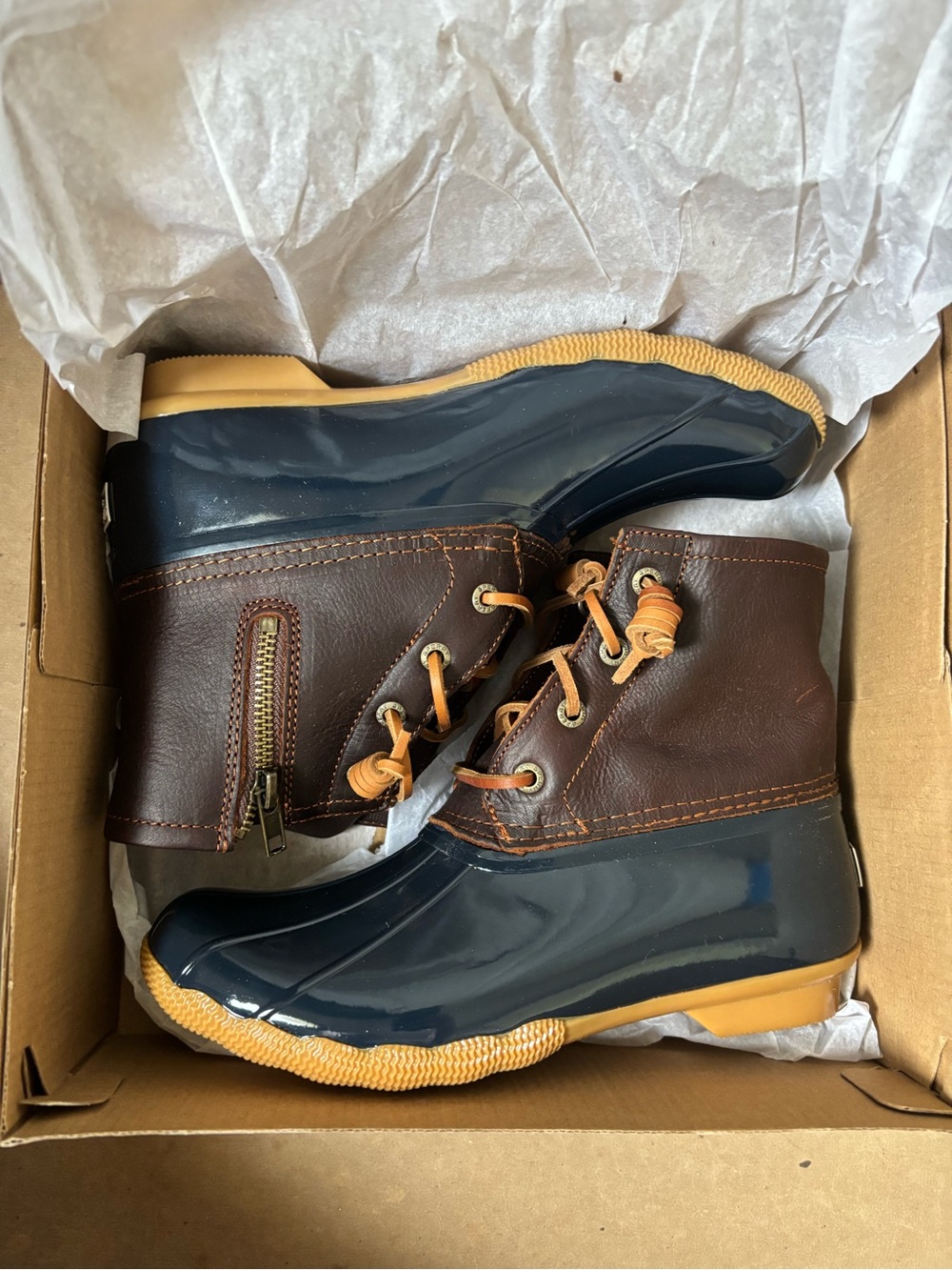 Sperry Navy and Brown Women's Duck Boots with Tan Accents